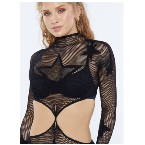 Savage X Fenty Black Shining Star Bodystocking Twist Catsuit Fishnet One Size - Picture 5 of 7